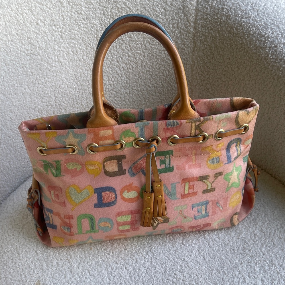 Dooney & Bourke Pink Multicolor Alphabet Canvas Tote with Tan Leather Handles
